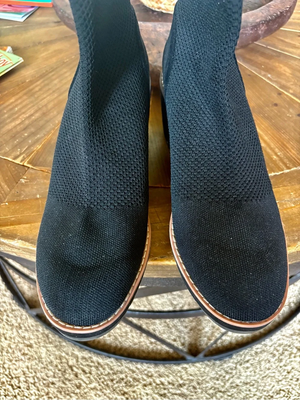 Anne Klein Black Knit Wedge Ankle Boots with Trim. Size 8
